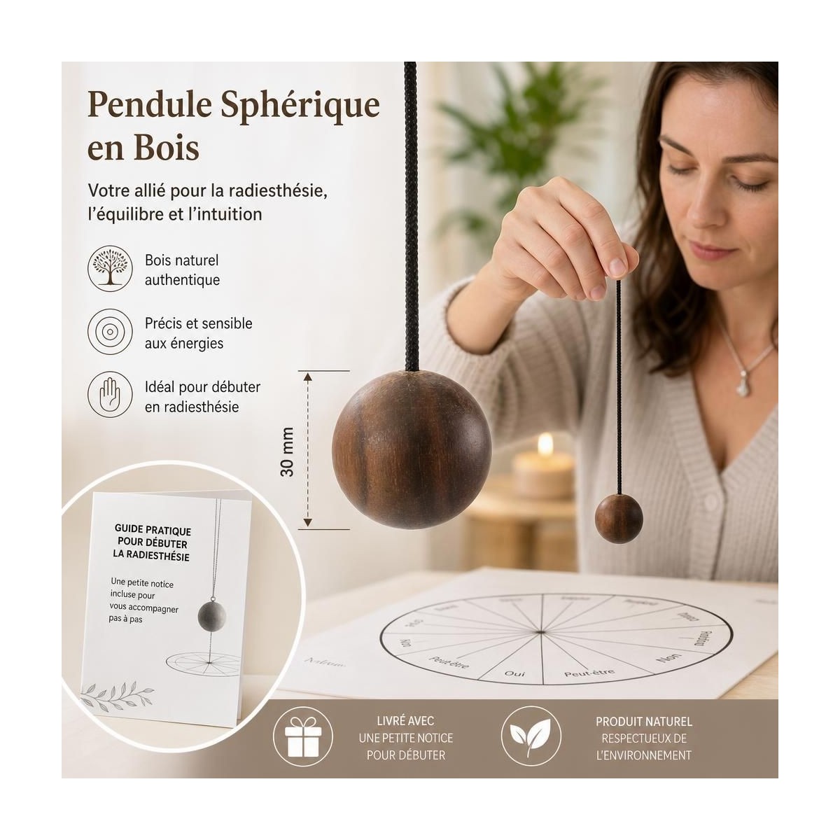 Pendule bois sphérique neutre 30mm